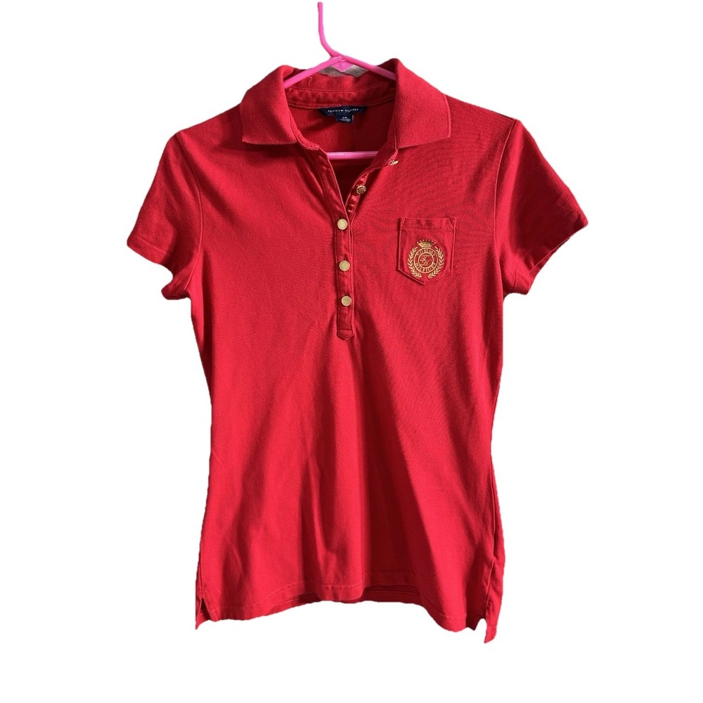 Vingtage Tommy Hilfiger Women's Red Solid Short Sleeve Collared Polo Shirt S/P
